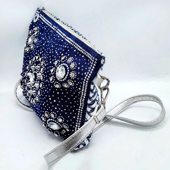 Denim Crystal Rhinestone Crossbody Bag With Metallic Weaving On Back - Picture 11 of 16
